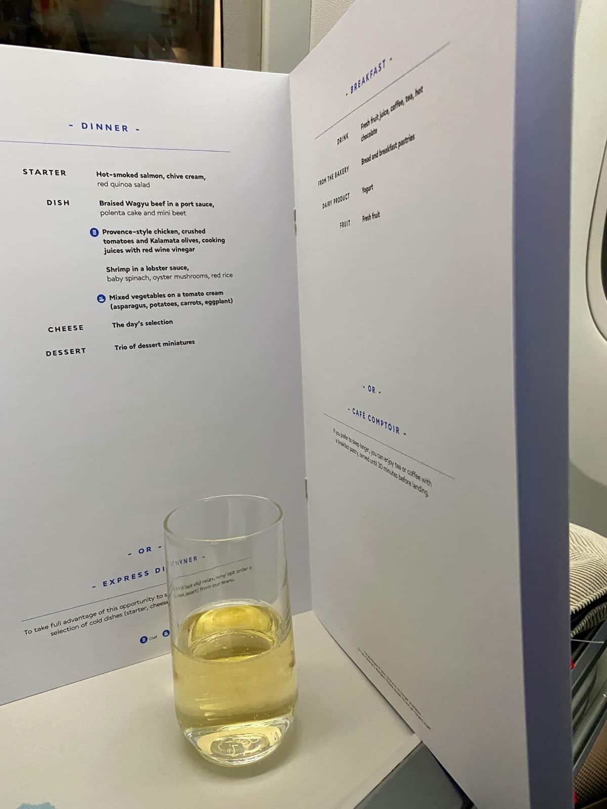 The AirFrance business class dinner menu - DTW>CDG