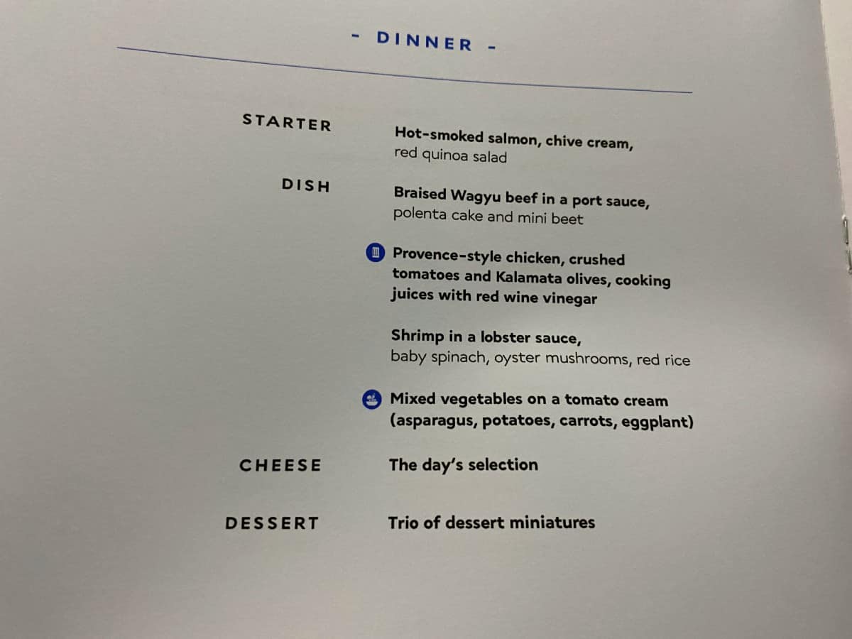 Close-up of the AirFrance business class dinner menu
