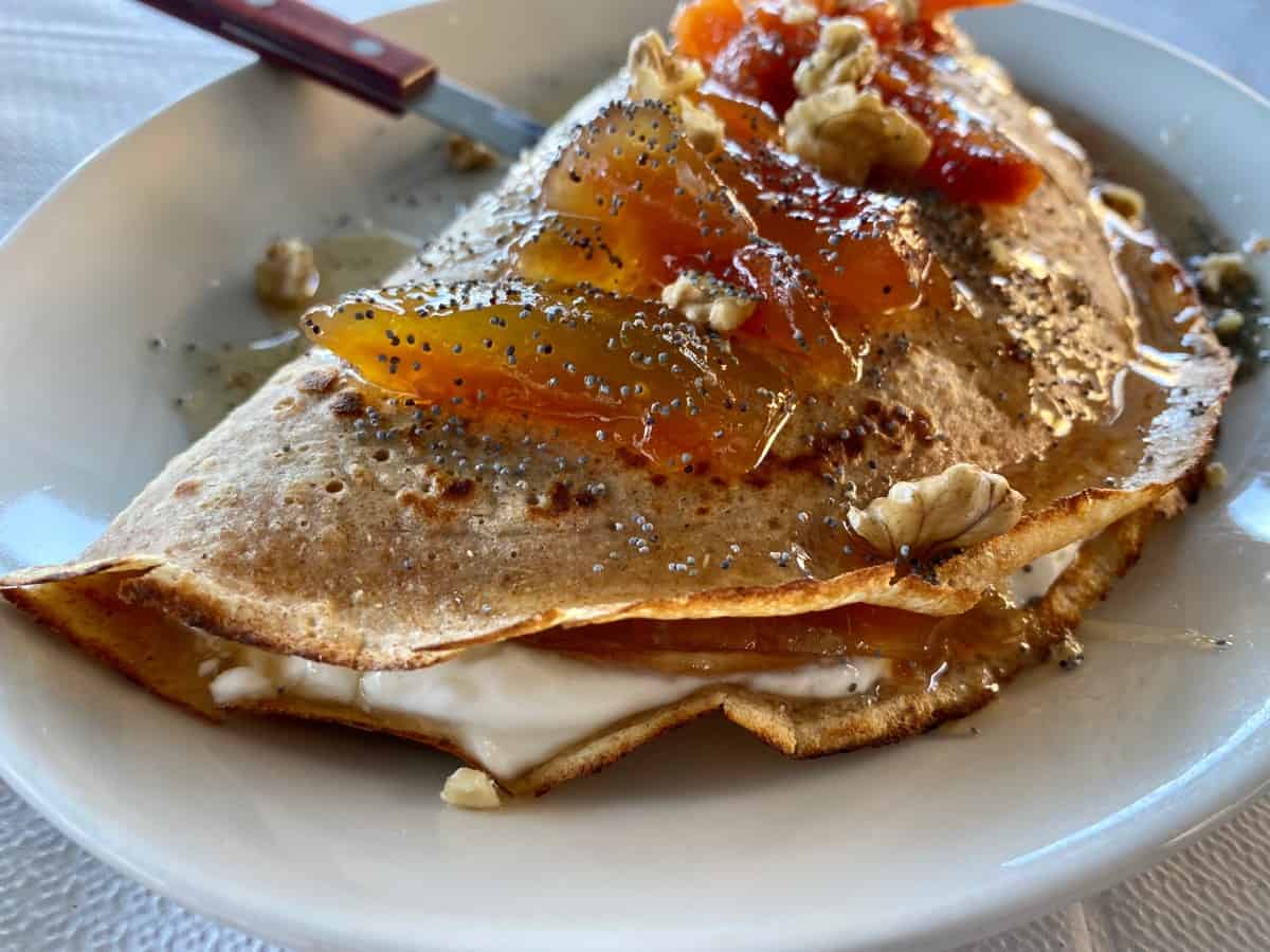 All the food at ELaiolithos is super local & delicious - a buckwheat crepe with greek yogurt, candied fruit peel & nuts
