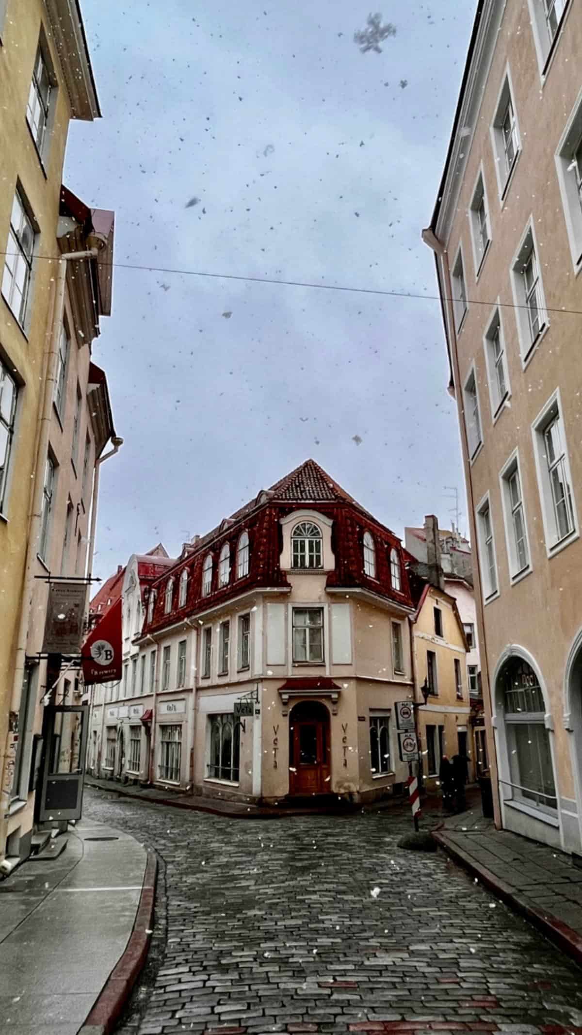 Snow coming down in the Old Town of Tallinn, Estonia